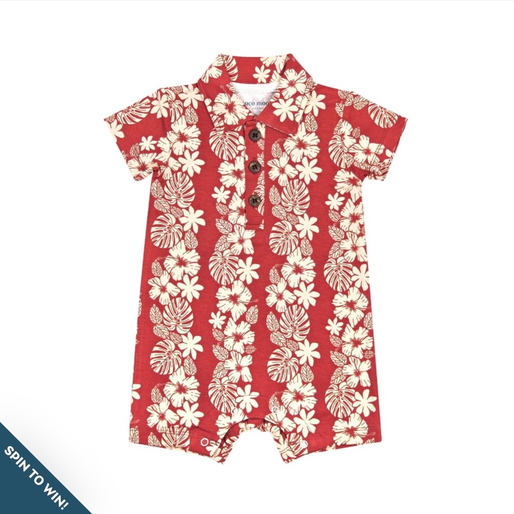 Cocomoon Hawai'i Vintage Aloha Polo Bamboo Romper in Red and Cream Hawaiian